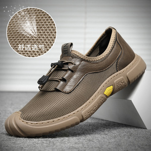 Hollowed-out Breathable Mesh <b>Sneakers</b> Men Khaki Black Slip-on Leisure Comfortable Non-slip <b>Leather</b> Shoes - Product Image 1