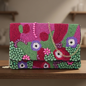 Pochette enveloppe florale perlée avec chaîne, faite à la main pour soirée - Product Image 2