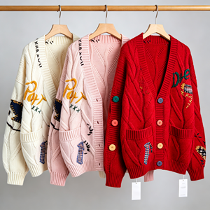 Hot Sale <strong>Oversize</strong> V-neck Embroidery Jacquard Knitted Latest Design Ladies <strong>Cardigans</strong> With Pockets Loose <strong>Cardigans</strong> Sweater Women - Product Image 2