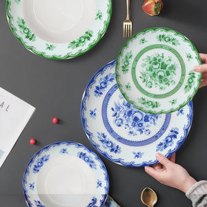 Assiettes de présentation florales vertes pour mariage, ensembles d'assiettes à dîner vertes et blanches en porcelaine fine - Product Image 5