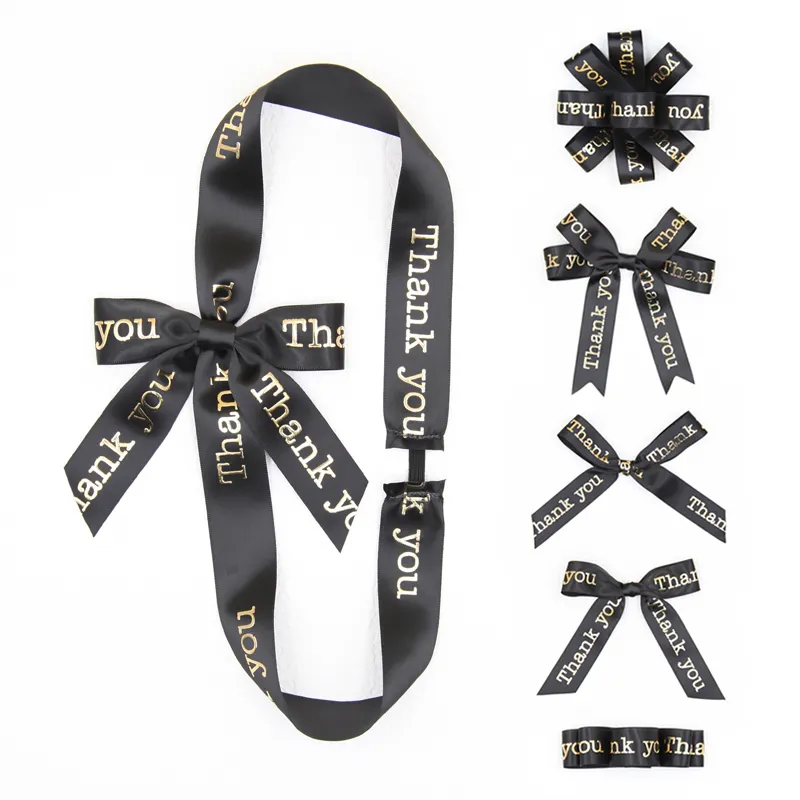 Benutzer definierte schwarz bedruckte Geschenk verpackung vor gebundene Großhandel dekorative Satin Krawatte Verpackung Band Schleifen mit elastischen Schlaufe