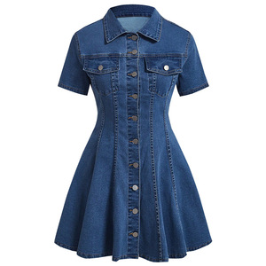 Nouvelle <span class=keywords><strong>robe</strong></span> <span class=keywords><strong>en</strong></span> <span class=keywords><strong>jean</strong></span> pour femmes à manches courtes, col à revers, taille cintrée - Product Image 6