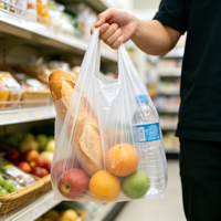 Sac en polyéthylène (PE) type T-shirt ou gilet, imprimé sur mesure, recyclable, avec poignée longue, pour courses, supermarché, fruits, plats à emporter et emballage alimentaire