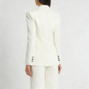 Ensemble <span class=keywords><strong>tailleur</strong></span> élégant 2 pièces pour <span class=keywords><strong>femme</strong></span>, rayé ivoire, blazer croisé en mélange de lin et <span class=keywords><strong>pantalon</strong></span> large, idéal pour le bureau - Product Image 3