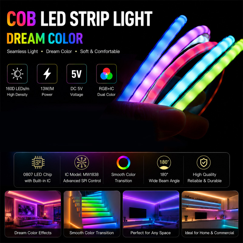 160 LEDs/m RGB IC COB LED Strip Dream Color SPI Flexible LED Tape DC5V 5MM PCB Built-in IC MW1838 IP20 5M/Roll RA90
