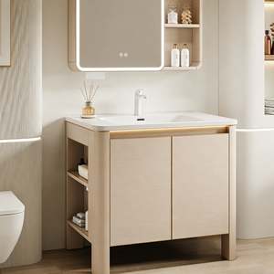 Balom Custom Modern Nordic Style Bathroom <b>Vanity</b> Cabinet Solid Wood Frame <b>with</b> Stone Top Storage Shelve LED <b>Mirror</b> for Household - Product Image 3