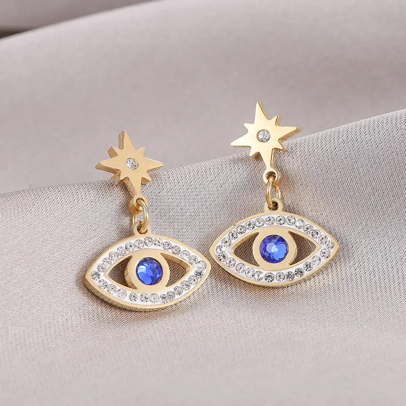 Trendy Fashion Jewelry Gold Plated Stainless Steel Zircon Earrings Blue CZ Eyes Earrings For Women