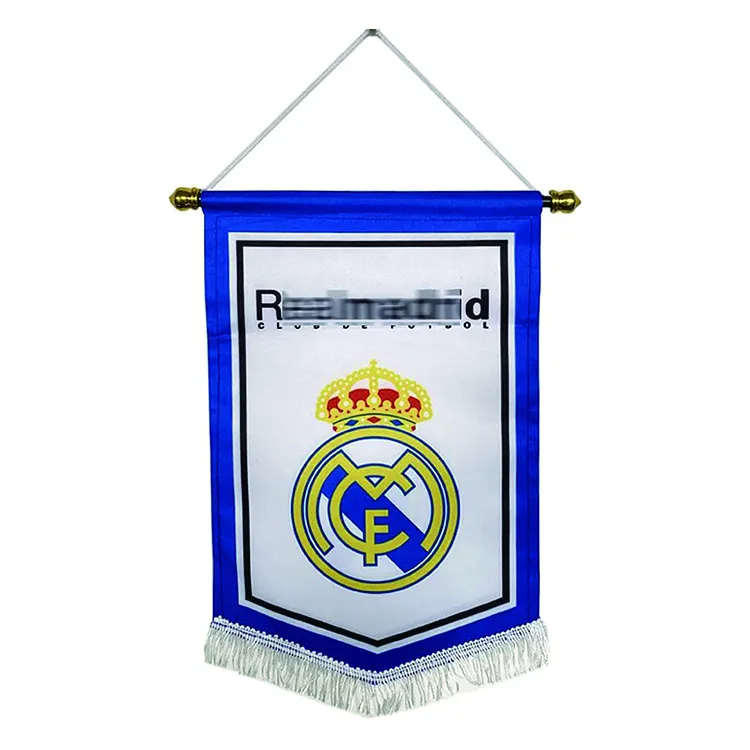 Logo kustom umbul-umbul sublimasi satu sisi cetakan kain Satin tim sepak bola Mini panjang-panji bendera