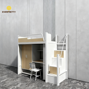 Mobilier scolaire moderne Lit simple en métal, fer, cadre de lit mezzanine avec chaise de bureau, armoire et escalier de rangement pour étudiant - Product Image 2