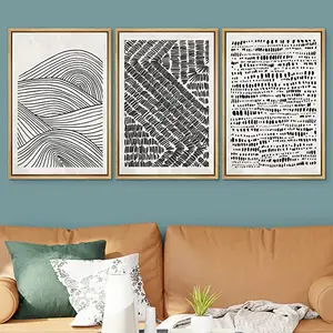 Ingelijste Canvas Print Muurkunstset Zwart Pastel Geometrische Landschap Abstracte Vormen Gezellige Neutrale Moderne Kunst