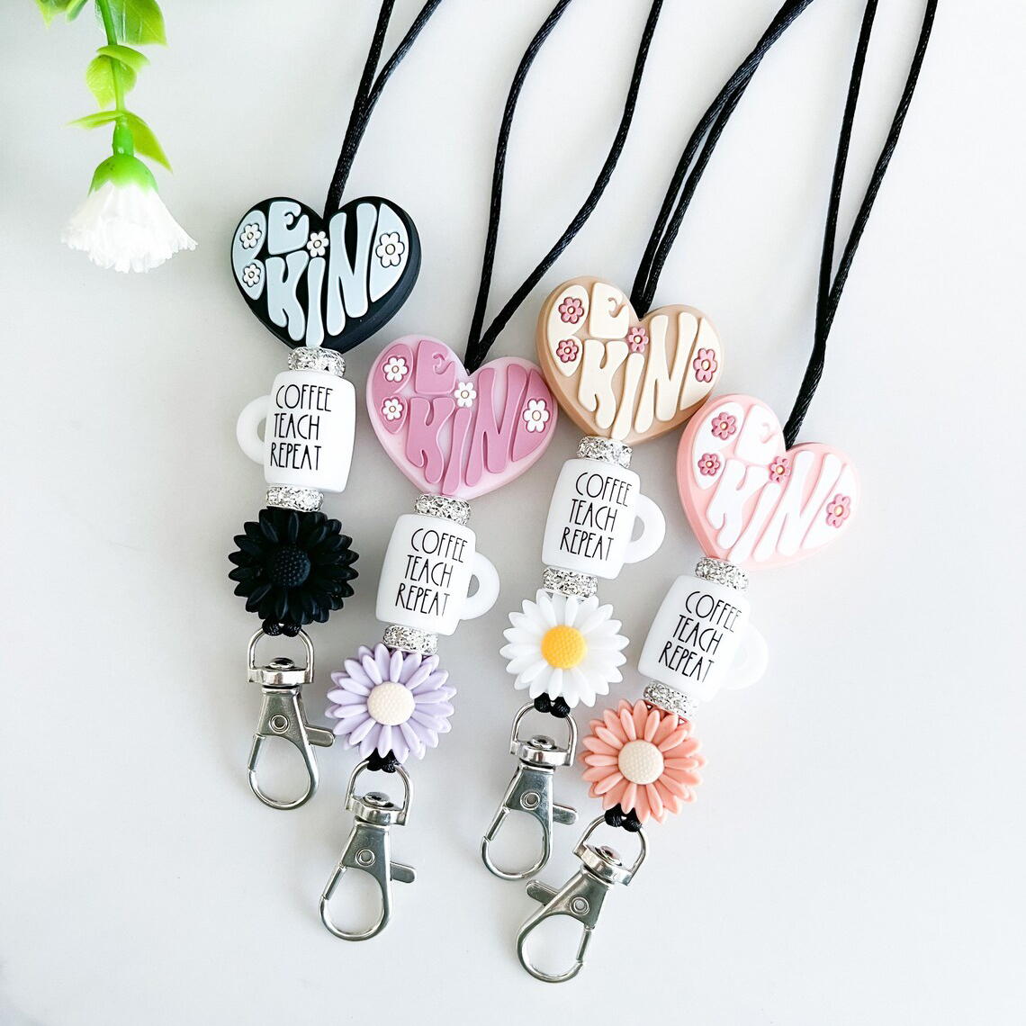 Custom Wood & Acrylic Silicone Beaded Lanyards with Safety Breakaway for Women Teachers Nurses Students-Embossed ID Badges Keys Image 5