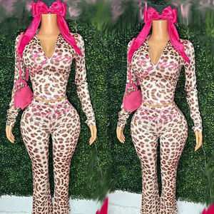 Setelan 2 Potong Jaket Hoodie Leopard Kasual Musim Semi Gugur Wanita Trendy dan Celana Flare, Jaket Musim Gugur dan Celana, Pakaian Wanita Dua Potong - Product Image 4