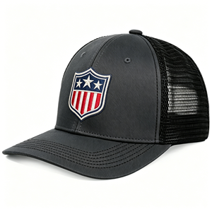 หมวกแก๊ปทรง Trucker 6 แผง สีดำด้านหน้า ตาข่ายสีดำ ปักโลโก้ลายวินเทจตามสั่ง ปีกโค้ง - Product Image 3