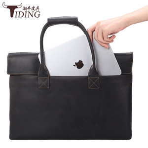 Tiding Genuine Leather Business <b>Briefcase</b> 15.6 Inch Laptop Bag Men Durable Solid Color Dark Brown - Product Image 3