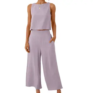 Wholesale Women's Linen Summer Beach Suit Sleeveless Button Back Tank Top Cropped Wide Leg Pants with Pockets Casual Suits