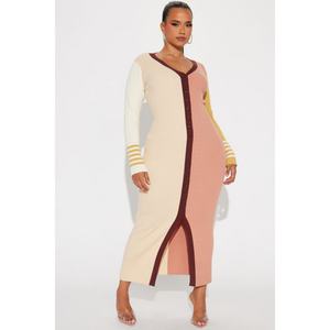 Vestido de Punto de Alta Calidad, Económico, Vintage, Minimalista, con Cuello en V, Diseño de Parches en Contraste de Color, Estilizador y Ajustado - Product Image 3