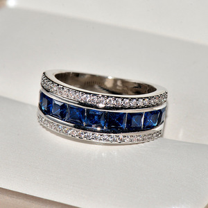 Princess Cut Simulated <b>Sapphire</b> Band <b>Ring</b> 925 Silver Rhodium Plated Micro Pave <b>White</b> CZ Wide Wedding Band For her - Product Image 6