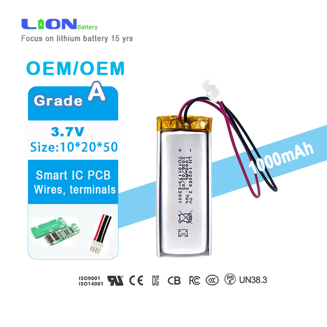 LN Battery 3.7V 102050 1000mAh Lithium Polymer Battery Flexible Ultra-Thin Rechargeable 500 Cycles KC IEC62133 for Certified