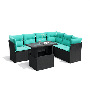 Conjunto de Sofá de Jardín de Ratán Sintético Negro con Cojines, 7 Piezas, Muebles de Exterior de Diseño Contemporáneo para Jardín, Capacidad para 6 Personas - Product Image 1