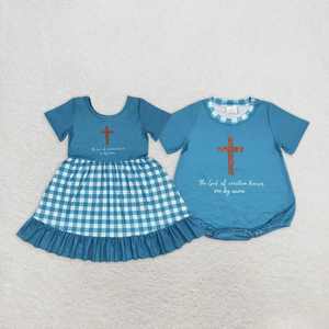 Ropa de Verano para Niñas con Bordado de Cruz de Pascua y Cuadros Azules, Estilo Smocked, en Oferta - Product Image 5