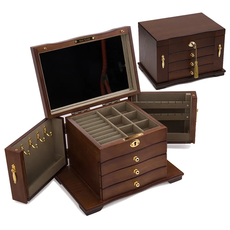 Luxe en bois artisanat cadeaux étui à bijoux grande capacité boîte organisateur de bijoux avec miroir cosmétique 3 couches tiroir