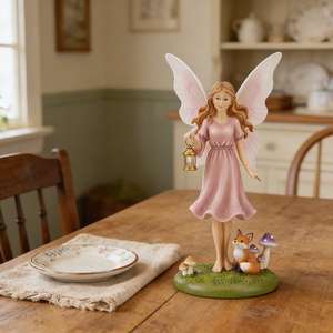 Statue de Fée de Jardin Élégante en Résine avec Lanterne |   Figurine de fée aux ailes d'ange roses peinte à la main avec renard et champignon - Product Image 5