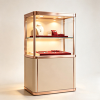 Luxuriöse Roségold-Glasvitrine für Schmuck, LED-Beleuchtung, Lederumwickelte Schublade, Anpassbar, für Hochwertige Juweliergeschäft-Präsentation