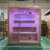 Sauna traditionnel familial de luxe pour 4 à 6 personnes, grande taille, avec mur en sel de l'Himalaya, porte entièrement vitrée, pour spa bien-être