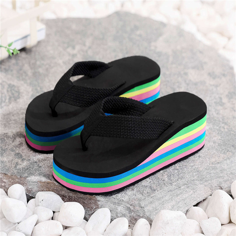 Summer Rainbow Platform Sandals and Slippers Colorful Casual Beach Flip Flops for Women