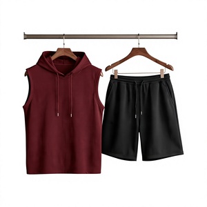 Ensemble sweat-shirt sans manches à capuche pour homme, couleur unie, en molleton bouclette, décontracté, pour l'été, short noir, haut bordeaux, tricoté, respirant - Product Image 1