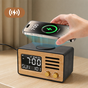 Office Room Led Display Table Wireless Charger Station Vintage BT Speaker <strong>Electronic</strong> FM Radio Bamboo Wood Desk Digit Alarm Clock - Product Image 2
