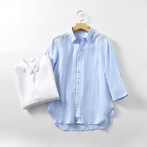 Summer <strong>High</strong> Quality Breathable Soft Short Sleeve Solid <strong>Mandarin</strong> <strong>Collar</strong> Men Cotton Linen <strong>Shirt</strong> - Product Image 3