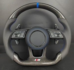 Volant en fibre de carbone pour Audi A3/A4/A5/A6/A7/A8/Q5/Q7/Q8/<span class=keywords><strong>Q3</strong></span> S/<span class=keywords><strong>RS</strong></span> Line, cuir perforé, bande bleue, palettes de changement de vitesse personnalisées - Product Image 4