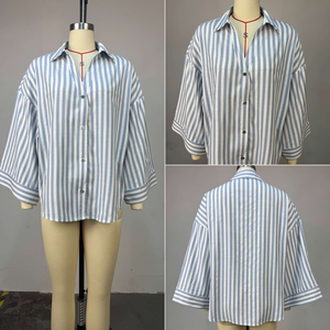 HK72888 Camicie Estive Personalizzate da <span class=keywords><strong>Donna</strong></span>, Manica Lunga <span class=keywords><strong>con</strong></span> Colletto POLO, Camicie a Righe Blu Larghe, Eleganti Bluse per Donne - Product Image 5
