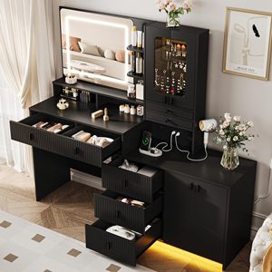 Tocador Moderno de Madera Blanca con <span class=keywords><strong>7</strong></span> Cajones, Espejo de Pie, Gabinete para Joyas y Estantes - Diseño Duradero - Product Image 2