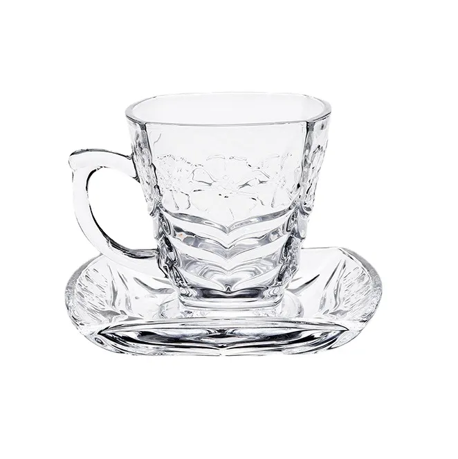 Embossed 160ml Glass Coffee Cups And Saucers Set 12PCS Tea Drinking Set Latte Mug With Square Dish Plate