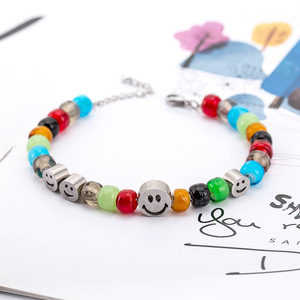Colorful Glass Bead <b>Titanium</b> Steel Smiley Face Bracelet Unisex Fashion Jewelry - Product Image 1
