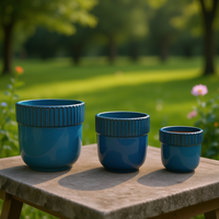 Set Pot Tanaman Ramah Lingkungan Mdj Ceramic, 3 Buah, Desain Bulat Bergaris, Pot Bunga untuk Rumah & Taman, Gaya Minimalis Modern