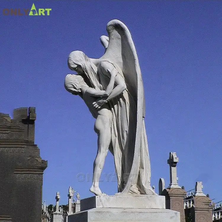 야외 현대 예술 섹시 누드 천사 소녀와 남성 천사 키스 동상 날개