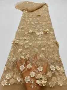Tecido de renda frisado de luxo novo preço de atacado tecido de renda de tule francês para casamento bordado com lantejoulas de noiva 3D