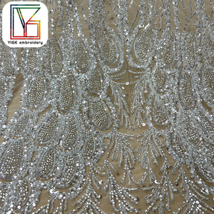 Sang Trọng Handmade Đính Cườm Sequin Thêu Ren Lưới Vải Pháp Trắng Bridal Wedding Tulle Lưới Ren Vải Cho Buổi Tối Dresses - Product Image 5