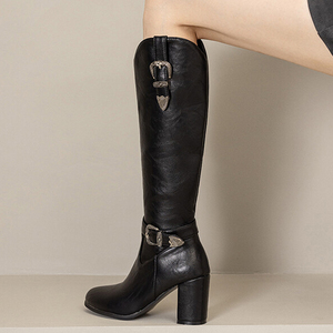 Big Size 52 Chunky Heels Belt Metal Buckles Shoes Women V-shaped Top Knee High Boots Side Zipper Wide Fit Long <b>Booties</b> - Product Image 1