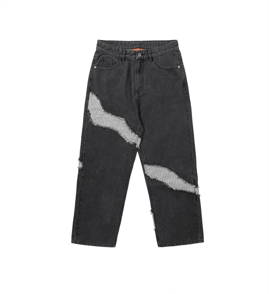 2020 su ordinazione di nuovo modo autunno inverno cuciture sbavature allentati pantaloni larghi del piedino diritto biker pantaloni degli uomini dei jeans casuali