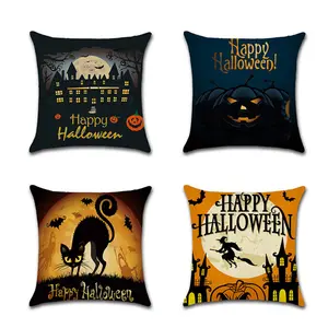 2024 Halloween taie d'oreiller vacances décoratif coussin couvre coton lin jeter taie d'oreiller avec château chauve-souris citrouille conception