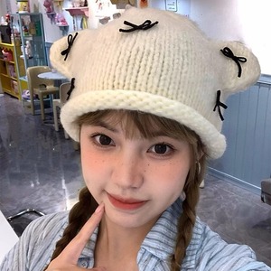 Bonnet tricoté avec oreilles de chaton mignonnes et nœud pour femme, chapeau à oreilles couvrantes pour l'automne et l'hiver, bleu, noir, rouge, blanc - Product Image 5