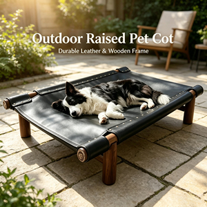 Cama elevada de cuero resistente a arañazos para perros con detalles de remaches, estructura de madera maciza, cama fresca para mascotas para decoración elegante del hogar y uso en exteriores - Product Image 1