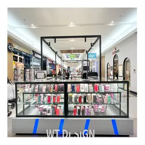 Centro comercial moderno, quiosco de teléfono móvil, vitrina de tienda de teléfono móvil de cristal y luces LED, producto de quiosco de centro comercial de lujo