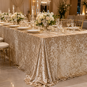 Mantel Rectangular de Terciopelo Arrugado Color Champán al por Mayor para Bodas, Banquetes y Eventos - Proveedor de Alquiler - Product Image 1