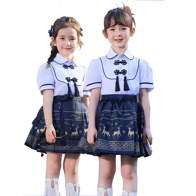 Desain baru pakaian anak-anak musim panas gaya retro setelan seragam sekolah seragam Taman kanak-kanak kostum pertunjukan setelan anak sekolah.