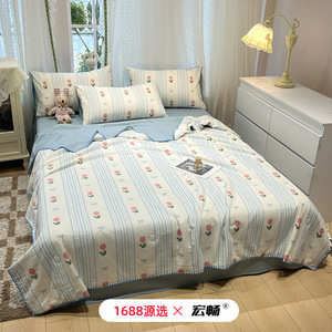 1688 100% Cotton Quilt Set 4 Pieces Floral Print Summer Air Conditioning Quilt Home Use - Product Image 1